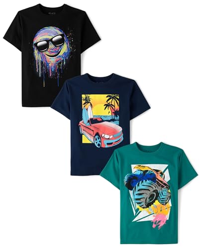 The Children's Place,Boys,Vehicle Short Sleeve Graphic T-Shirts,Multipacks,Monster Truck/Beach Car/Happy 3-Pack,Small