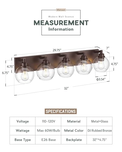 Image of 5-Light Bathroom Vanity Light, Oil Rubbed Bronze, Clear Globe Glass | 32 inch ORB vanity light for 42-54 inches mirrors, clear globe glass shades, E26 base, hardwired, up /down mount, VL195-ORB-5