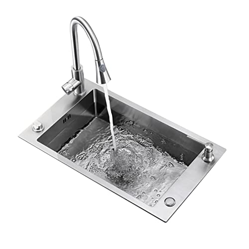 Küchenspülen Kommerzielle 27,5-Zoll-Topmount-Drop-in-handgefertigte Edelstahl-Einzelbecken-Arbeitsplatzspüle Haushaltsverdickter Küchen-Einzelschlitz Ausziehbarer Wasserhahn 4 Mm Dicke Stahlplatte Cover