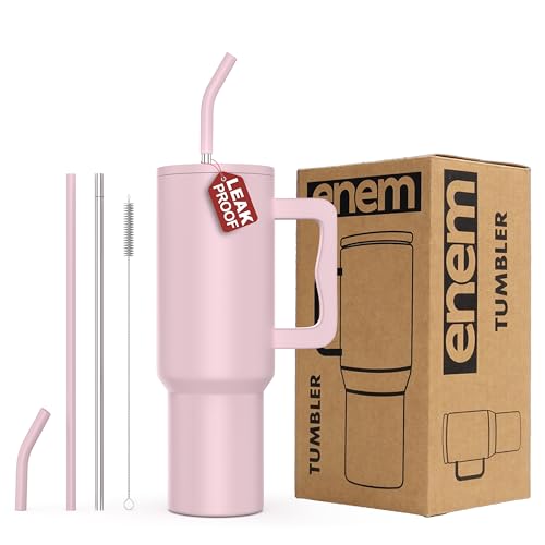 Image of enem Tumbler, Rose Whisper, Insulated Premium Vacuum Leak Proof Stainless Steel Travel Mug with Handle, Lid & Straw, 1.2L for Coffee, Iced Tea, or Water
