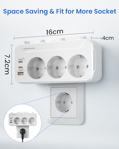Miniatura 6 de Ladron Enchufes Con Interruptor Independiente,Enchufe Múltiple Pared,Pd20w Regleta Enchufes Adaptador 3 Tomas,Horizontal Vertical Giratorio Ladrón Triple Con Tierra 16a Proteccion Sobretension,Blanco