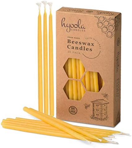 Hyoola Beeswax Birthday Candles – 50 Pack - Natural Dripless Decorative Candles with Long Lasting Burn – Elegant Taper Design, Soothing Scent – 6” Tall – Handmade in The USA