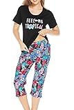 CHUNG Women Cotton Pajama Sets Sleepwear pjs Short Sleeve Shirt Capri Pants with Cute Vivid Print (L, Tropical)