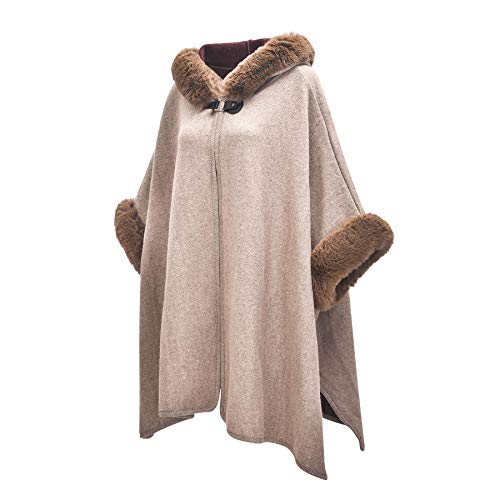 Image of ZLYC Women Winter Fashion Faux Fur Trim Layers Hooded Cardigan Warm Cape Sweater Cloak