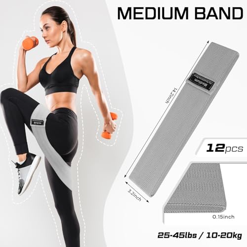 Image of 12 Pcs Fabric Resistance Bands for Working Out Non-Slip Booty Exercise Loop Bands for Women Men Glutes Hip Thigh Butt Yoga Pilates Fitness Gym, Light Medium Heavy