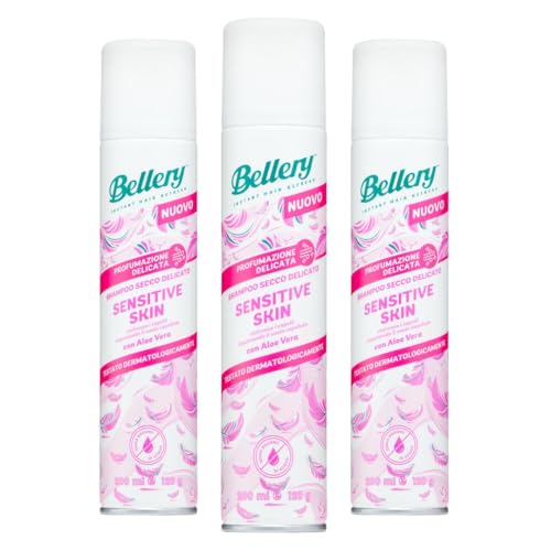 Bellery Sensitive Skin con Aloe Vera - Shampoo Secco Spray per Tutti i Tipi di Capelli - Formula leggera con Profumazione delicata e dermatologicamente testata – Per Pelle sensibile – 3 x 200ml