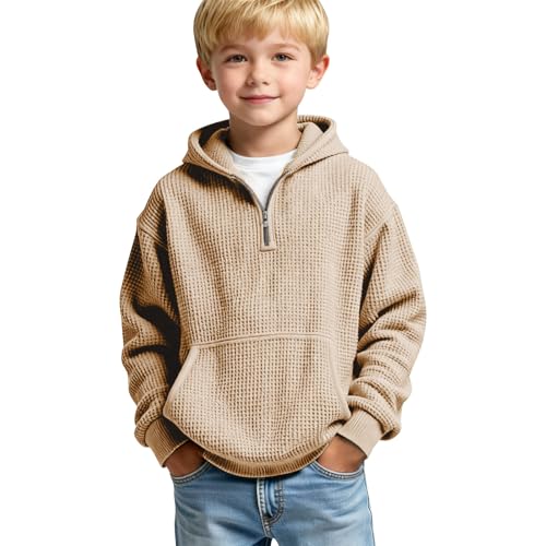 gsatuba Boys Quarter Zip Hoodies - Waffle Knit Kids Long Sleeve Hooded Sweatshirts Teens Pullover Tops Clothes Beige Toddler sweater boy Size 4 Years
