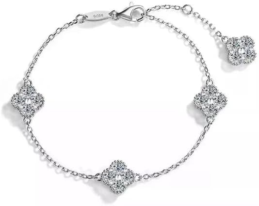 2 CT Lab Created D/VVS1 Diamond Station Clover Flower Bracelet For Women 14K White Gold Plated Sterling Silver Jewelry Total Length 8 Inches
