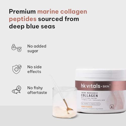 Image of hk vitals Skin Radiance Marine Collagen Supplement (Mango, 100g) & Sipper Bottle (Grey, 300ml) Combo Pack | With Vitamin C & E, For Healthy Skin, Hair & Nails
