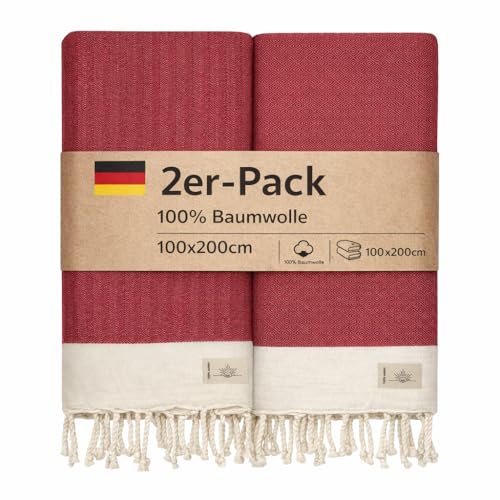 NOUR Hamamtuch Strandtuch | 2er Pack | groß 100x200 cm | aus 100% Baumwolle | Picknickdecke | Saunatuch | Extra leicht | saugstark | schnelltrocknend | Sandfrei (Bordeauxrot)