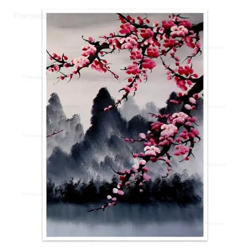 Décoration murale moderne fleurs de prunier rouge 3 cadres