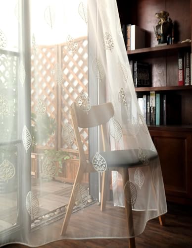 Musihy Juego de 2 paneles de cortinas traslúcidas para dormitorio, algodón y poliéster, elegantes hojas bordadas con textura, cortinas traslúcidas de gasa para dormitorio, sala de estar, blanco