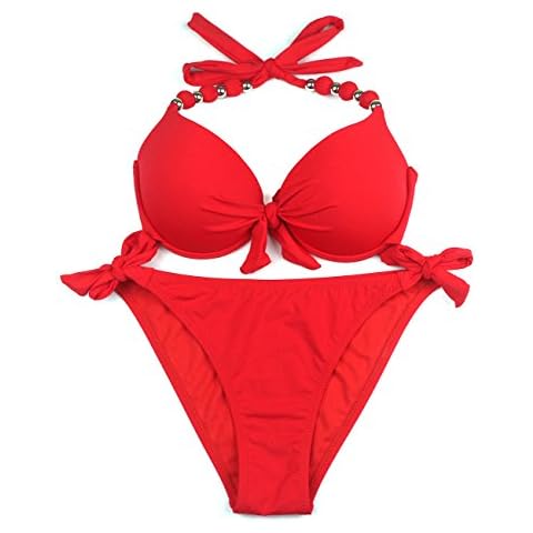 EONAR Womens Removable Padded Push Up Bikini Set Tie Side Swimsuit Swimwear, Red, 8/12 UK Cover