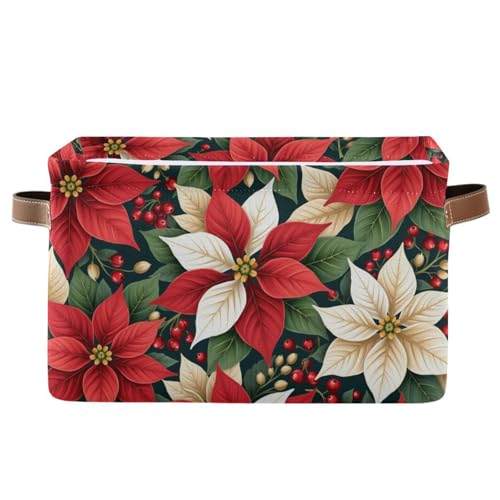 Image of Aslsiy Storage Basket Red White Poinsettias Holly Leaves (5) Nursery Bins Baby Box Canvas Clothes Shelf Basket Laundry Hampers 1 Pcs