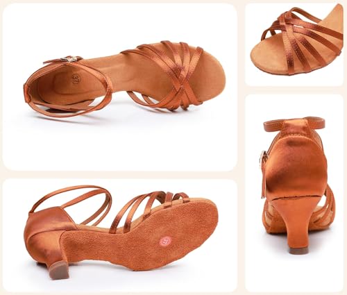 Rosefinch Women's Latin Dance Shoes Satin Professional Ballroom Salsa Practice Performance Wedding Dancing Shoes，Dance High Heels for Women Brown（2 inch Heel）3