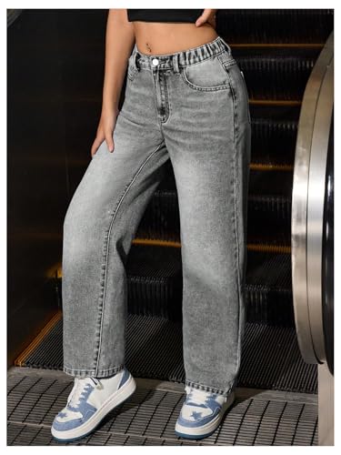 Floerns Girl's Straight Leg Denim Pants Elastic Waist Casual Mid Rise Jeans Streetwear4