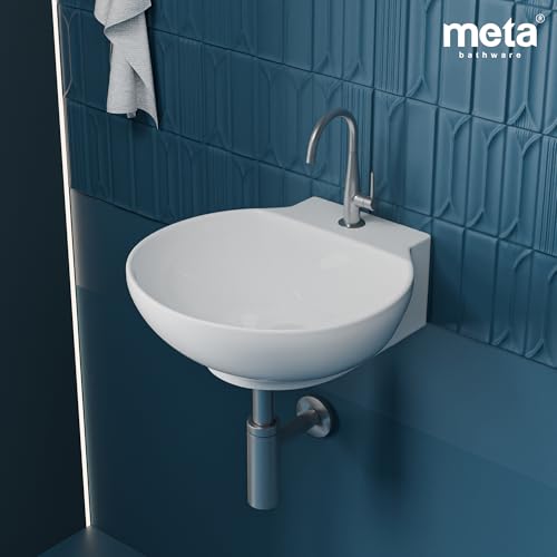 Image of Meta Bathware Premium Round Wash Basin | Wall Mount And Table Top Ceramic Sink for Bathroom | Sleek Glossy Finish | Space-Saving Elegant Vanity Vessel Basin (12x12x5 Inch)