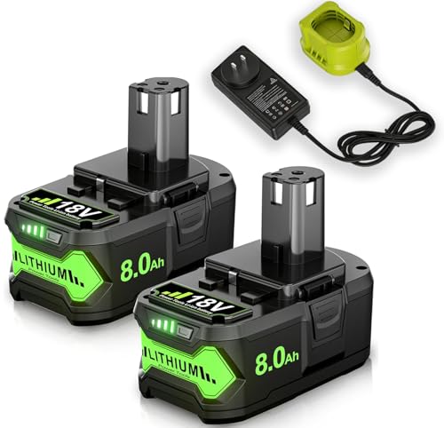 Image of 2Pack 8.0Ah P108 Repacement for Ryobi 18 Volt Battery and Charger Compatible with Ryobi 18V Battery P102 P103 P104 P105 P107 P109 Cordless Power Tool