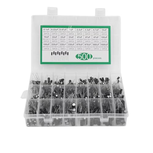 Hailege 500pcs Elektrolytkondensator Kit 0 1uF-1000uF 24 Werte gemischte DIP Elektrolytkondensatoren Sortiment Kit 10V/16V/25V/50V mit Aufbewahrungsbox