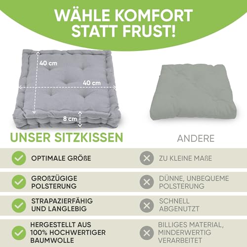 Gräfenstayn® 4er-Set Sitzkissen Stuhlkissen 40x40x8cm für Indoor und Outdoor aus 100% Baumwolle Dicke Polsterung Steppkissen/Bodenkissen (Grau)
