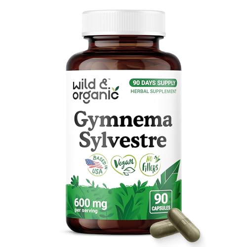 Wild & Organic Gymnema Sylvestre Capsules 600 mg - Overall Support - Gymnema Sylvestre Supplements - Gurmar Leaf Powder - 90 Days of Supply - Vegan No Fillers Non-GMO - 90 Count
