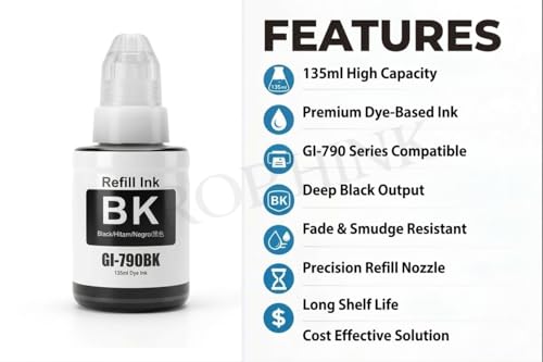 Image of ROHINK GI-790 Black Ink Bottle Compatible for Canon G1000 G1010 G1100 G2000 G2002 G2010 G2012 G3000 G3010 G3012 G3100 G4000 G4010 Series (135ml X 2 Black)