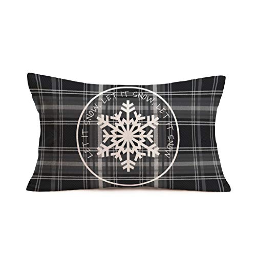 Smilyard 12x20 Inch Let It Snow Throw Pillow Covers Retro Gray Plaids Christmas Decorative Cushion Cover Cotton Linen Xmas Snowflake Lumbar Pillow Cases Outdoor Decor Sofa(C 27)