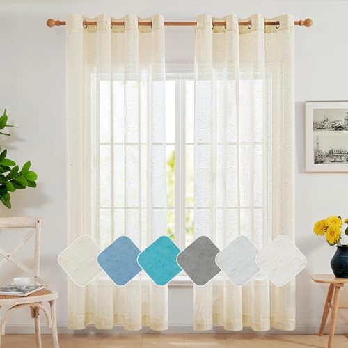 Deconovo Linen-Feel Sheer Curtains, 2 Panels, Grommet Top, Sustainable Semi-Transparent Drapes for...