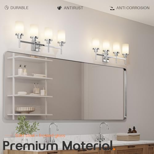Image of 4-Light Vanity Lighting Fixtures with White Frosted Glass Shade, Polished Chrome Bathroom Wall Lamps Over Mirror for Bath Restroom Kitchen T001CH-L4