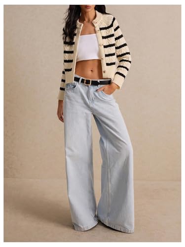 Image of GORGLITTER Women's Striped Sweater Cardigan Crewneck Button Down Long Sleeve Casual Knit Cropped Cardigan 2024 Trendy Black and White Small