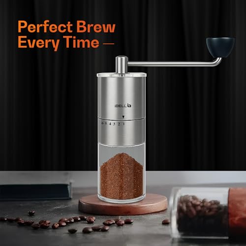 Image of IBELL GRINDX6 Manual Coffee Grinder with Glass Jar, 6 Adjustable Settings, Stainless Steel, Detachable Handle, Ceramic Conical Burrs, Whole Beans, Drip Coffee, Espresso (Silver)