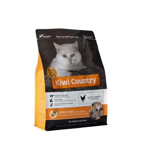Kiwi Country Dry Cat Food, Made of Cage-Free Chicken and Green Mussel, Grain-Free, for All Cat Breeds and Life Stages Including Kittens and Pregnant or Nursing Females, Made in New Zealand, 1kg