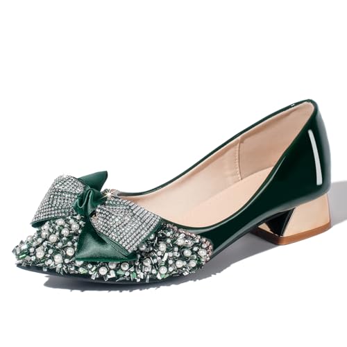 Women's Pumps, Closed Toe Chunky Heels for Women Pointed Toe Rhinestones Bridal Party Dressy Shoes Comfortable Work Pumps Shoes for Office Green - 9.5