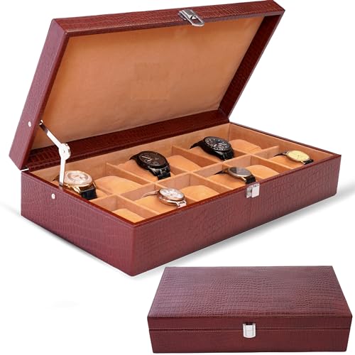 DreamController Genuine Leather Watch Case for Men, 12 Slot, Tan, Crocodile Brown