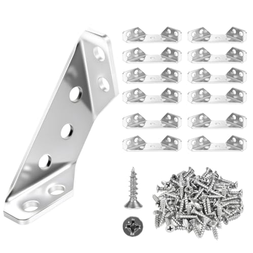 12 Pack Universal Stainless Steel Furniture Corner Connectors with Screws – Heavy Duty Triangular Brackets for Wood Furniture, Cabinets, Tables, Chairs, Drawers, and Shelving 84 Screws