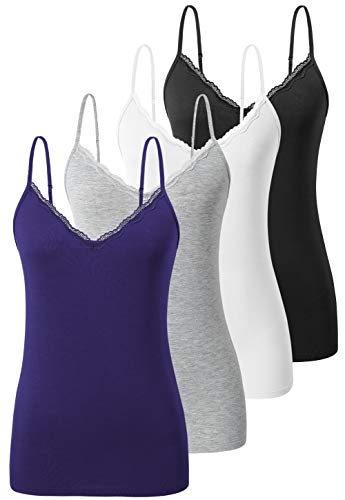 Air Curvey Camisole for Women Lace Cami Spaghetti Strap Tank Top Undershirts V Neck 4 Pack Black White Grey Navy XL