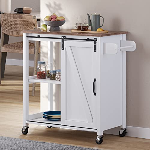 Kitchen Island on Wheels White Kitchen Island Cart with Storage Farmhouse Rolling Kitchen Island with Sliding Barn Door Small Kitchen Island Table Coffee Bar Cart with Wooden Countertop Lockable Wheel