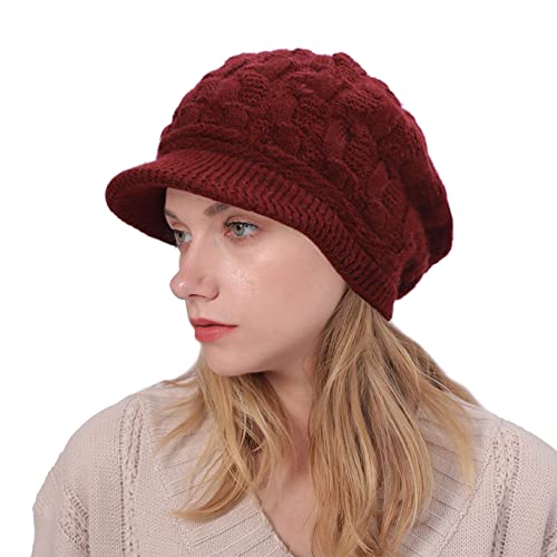 Joligiao Baskenmütze Damen Gestrickte Barett Winter Mütze Warme Stricken Wolle Barett Fleece Futter Einfarbig Warm Wollmütze Geflochtene Retro Lässige Klassische Französischen,Weinrot,One Size Cover