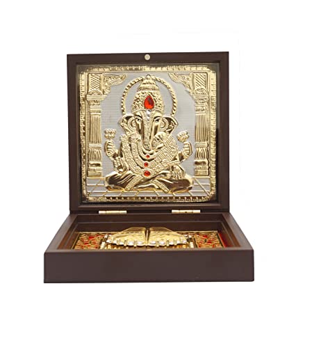 Image of Idolkart 24k Gold and 999 Silver Coated Ganeshji Divine Boxes | Photo with Charan Paduka for Pooja Room | Gift Box (4x4 Inch)