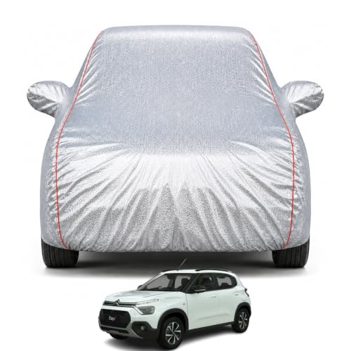 Image of Premium Car Cover for Citroen C3 Model | Waterproof, UV & Dust Protection | Mirror & Antenna Pocket | Triple Stitched, Soft Inner Lining, Belt & Buckle (Metalic Silver)