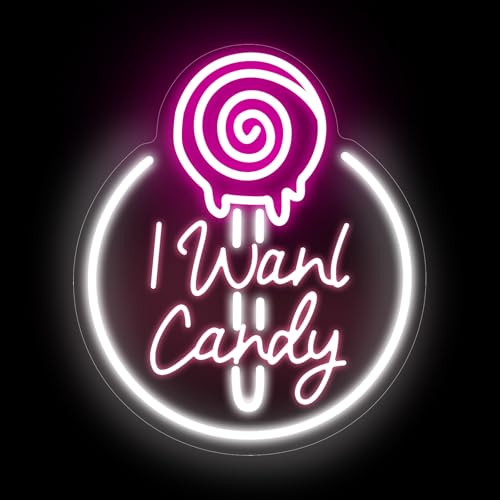 Image of I Want Candy Neon Sign, Home Wall Kitchen Decor Coffee Bar Shop Store Decoration Business Sign, Dessert Light Up Signs Party Decor for Man Cave Bar Pub Restaurant, Halloween Birthday Gift