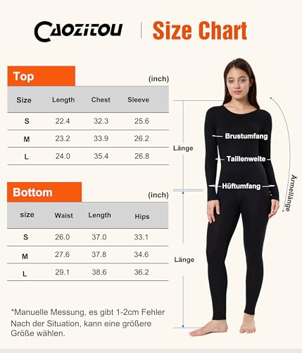 CAOZITOU 100% Merino Thermounterwäsche Damen, Warme Skiunterwäsche Wolle Funktionsunterwäsche Set, Thermo Langarm Unterwäsche Frauen für Winter (180g, Schwarz, M)