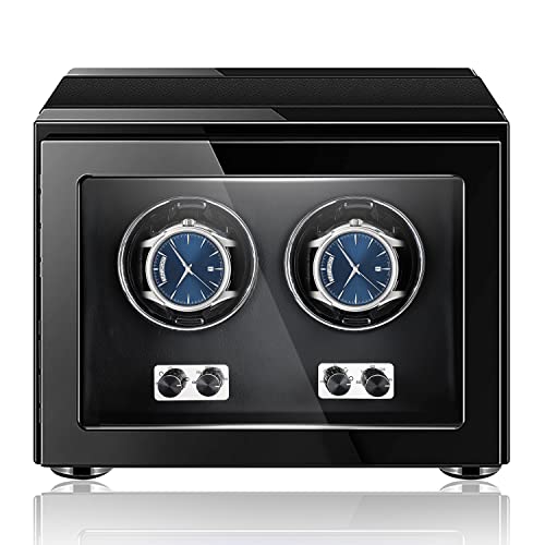 NEWTRY Automatic Watch Winder Double Watches Winder Boxes with Blue LED Light Quiet Motor for Watches Display for Men and Women Gift AC Adapter Not Include Watches (Black Two Slots)