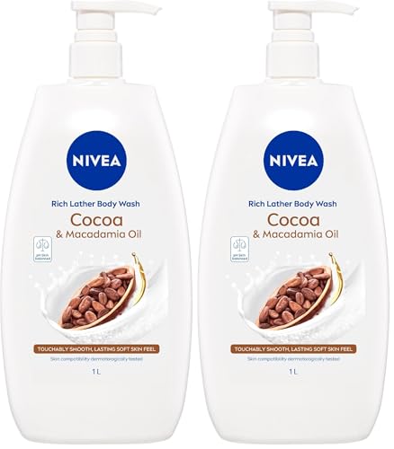 NIVEA Rich Lather Cocoa and Macadamia Oil Body Wash 1L | With Vitamins C, E & Macadamia Oil | Moisturising Shower Gel | Relieves Dry Skin | Subtle Cocoa Scent | For Long-Lasting Soft Skin (Pack of 2)
