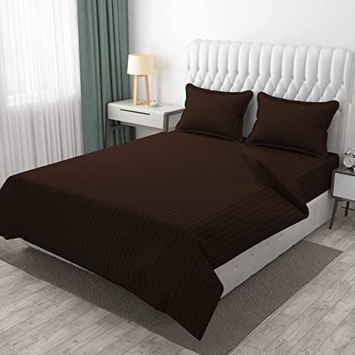 Image of 300 TC Glace Cotton Plain Stripe Queen Size Single Bedsheet with 1 Pillow Cover for Home, Hotel, Guest Room (60 X 90) Inch Brown Pack 1