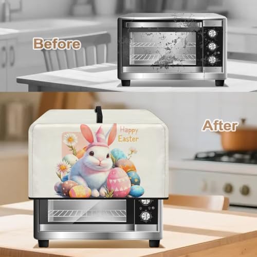 Image of Countertop Microwave Cover Convection Oven Cover Dust-Proof Toaster Oven Protector Happy Easter Print, S, 18.25 x 14.5 x 11 Inches, Cute Bunny Easter Egg Daisy Beige