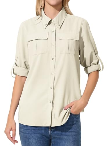 UIQUR Womens UPF 50 Sun Protection Shirts Fishing Shirts Quick Dry Roll-Up Sleeves Safari Shirts Light Khaki M