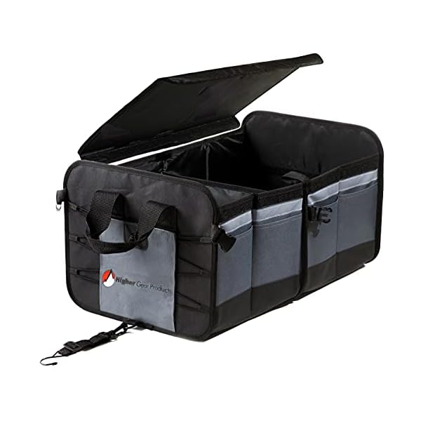 Higher Gear Large Car Organizer - Collapsible, Multi Compartment Trunk Organizer for SUV - Non-Slip Bottom, Adjustable Securing Straps & Foldable Cover - Perfect Storage & Organization Solution (Gray)