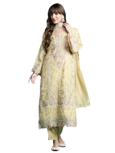 Image of INDO ERA Women Organza Straight Ethnic Motifs Embroidered Kurta And Pant With Dupatta Set (KH9YL10613)
