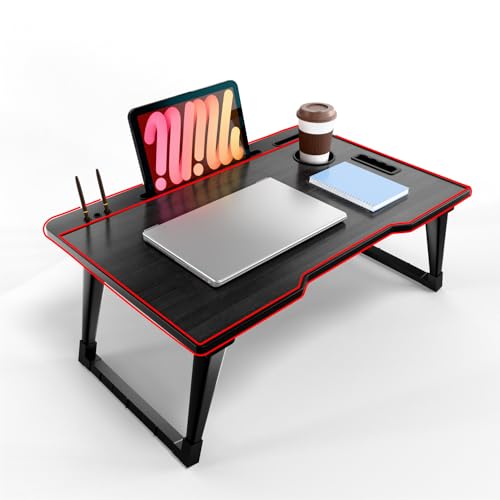 Image of Foldable Wooden Mini Laptop Table for Bed, Study Table with Drawer, Tablet /Mobile Holder for Kids & Adults (COTED Black)